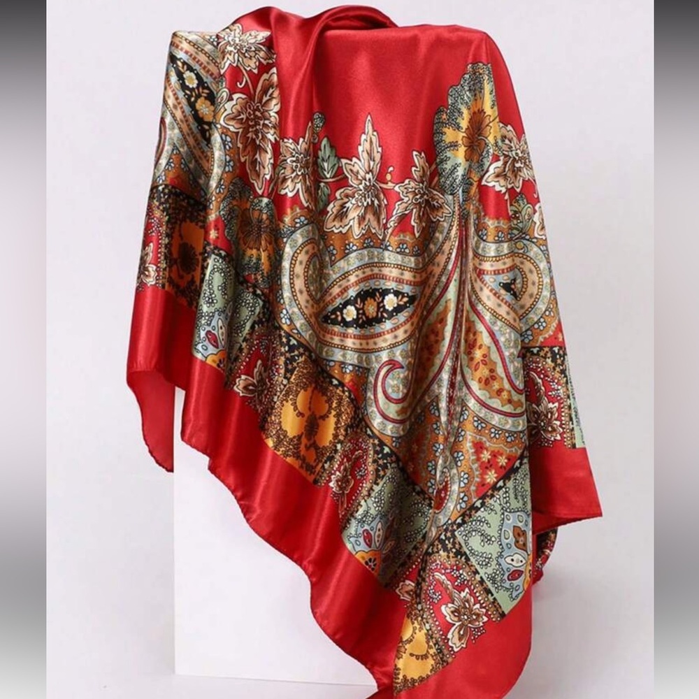 NEW! Elegant Red Paisley Faux Silk Hair Scarf/Headscarf/Bandana - Picture 3 of 4